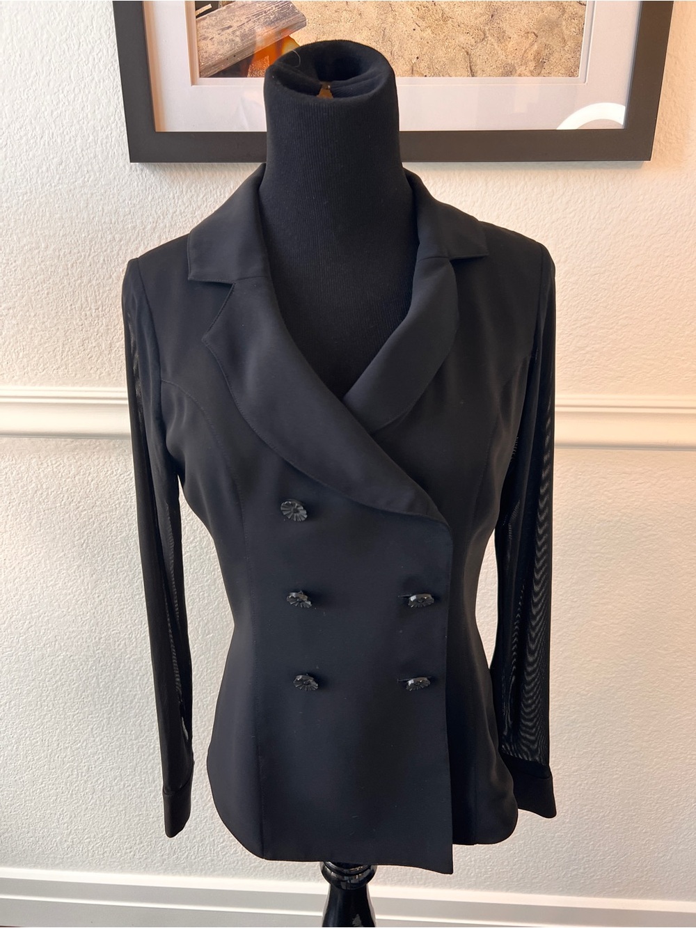Black Anne Fontaine Double-Breasted Women's Jacket with sheer sleeves.